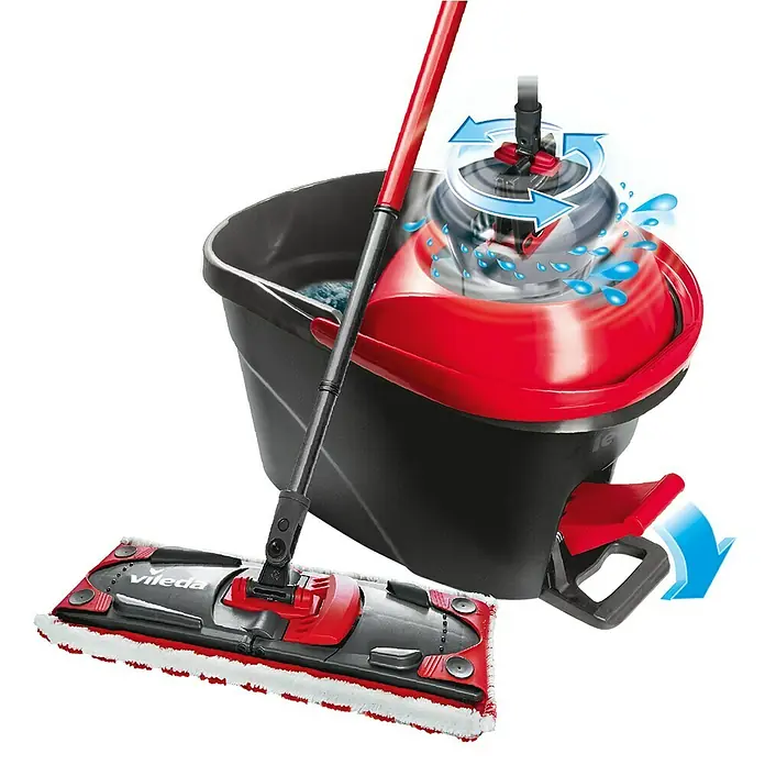 Vileda Ultramax Reinigungssystem & Eimer Turbo Set - 1 x Ultramax Eimer mit Power-Schleuder und Ausgusshilfe, 1 x Ultramax Flachwischer, 1 x Ultramax 2in1 Mikrofaserbezug - Informationsansicht