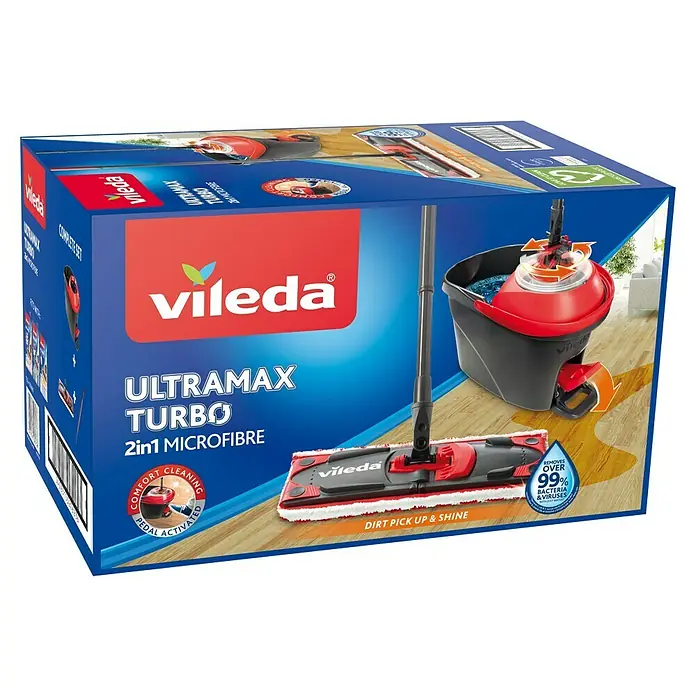 Vileda Ultramax Reinigungssystem & Eimer Turbo Set - 1 x Ultramax Eimer mit Power-Schleuder und Ausgusshilfe, 1 x Ultramax Flachwischer, 1 x Ultramax 2in1 Mikrofaserbezug - Bild einer Verpackung des Vileda Ultramax Turbo 2in1 Microfibre Wischmop-Sets, das einen Eimer und einen Wischmop enthält.