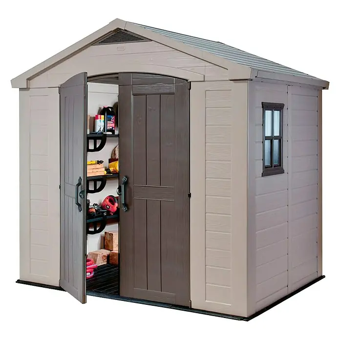 Keter Caseta de jardín Factor 8X6 - Medidas ext. (An x Pr): 257 x 182 cm, Beige/Marrón, Plástico, Área: 4,5 m² - Caseta de jardín espaciosa con puertas dobles y ventana. Perfecto para guardar herramientas y equipos de jardinería al aire libre.