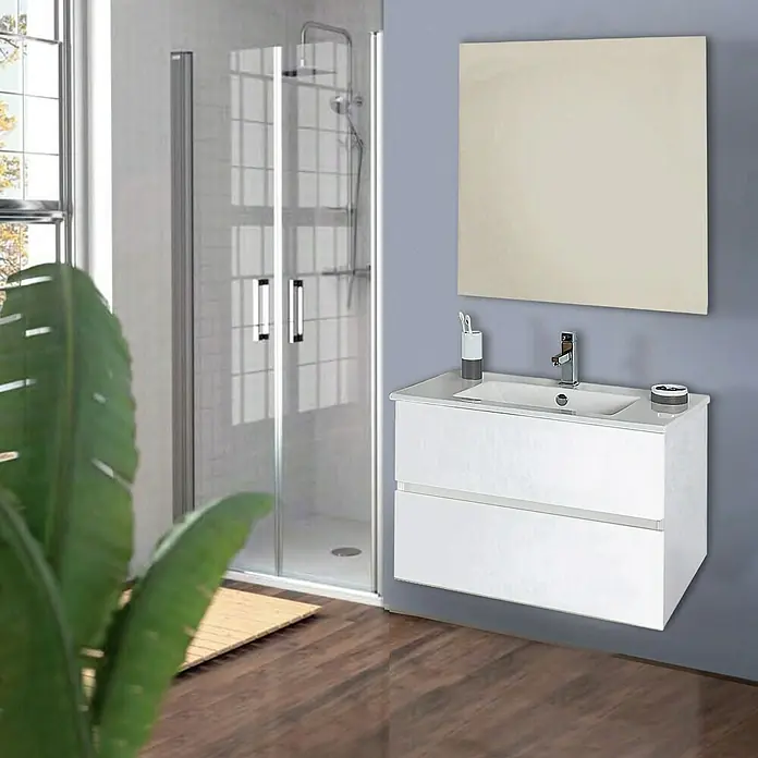 Artysan Mueble bajo de lavabo Inca - L x An x Al: 46 x 80 x 54,5 cm, Blanco - Elegante baño con mueble de lavabo blanco con espejo y cabina de ducha, creando un ambiente moderno y limpio.