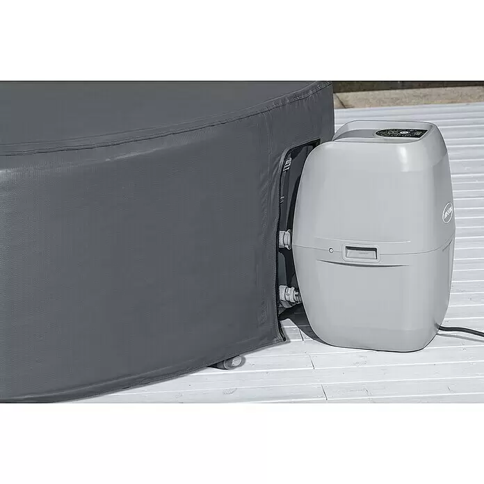 Bestway Lay-Z-Spa Pool-Abdeckplane - Passend für: Runde Whirlpools bis Ø x H: 180 x 66 cm, Ø x H: 180 x 66 cm - Grauer aufblasbarer Whirlpool mit grauer Vinylabdeckung, verbunden mit seiner grauen Pumpeneinheit mit Digitalbedienfeld.