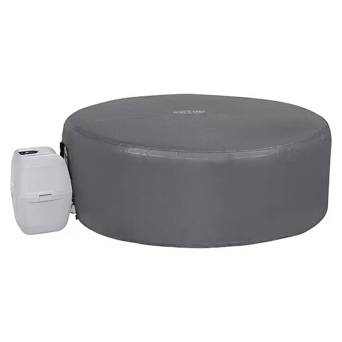 Bestway Lay-Z-Spa Pool-Abdeckplane - Passend für: Runde Whirlpools bis Ø x H: 180 x 66 cm, Ø x H: 180 x 66 cm - Grauer aufblasbarer Whirlpool mit separater hellgrauer Pumpeneinheit.