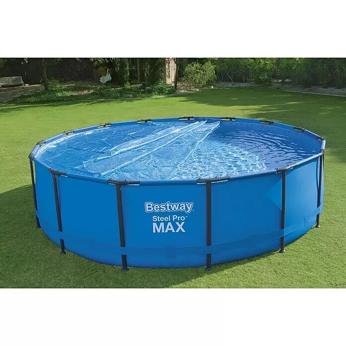 Bestway Solarabdeckplane - Durchmesser: 462 cm, Blau - Blauer Bestway Steel Pro Max Rundpool, teilweise mit blauer Solarabdeckung versehen.