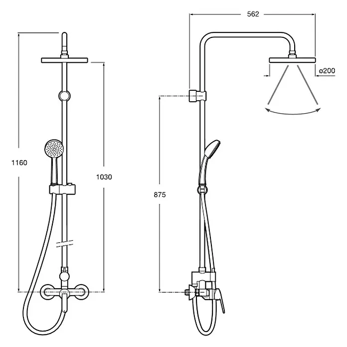 Roca Mitos Sistema de ducha - Con grifo monomando, Distancia entre orificios: 87,5 cm, Número de tipos de chorro: 1 ud., Cromo - Ilustración de un conjunto de ducha con medidas que muestran la altura y el diámetro del cabezal.