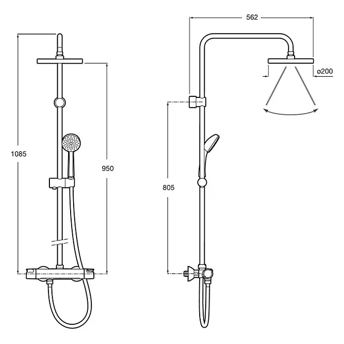 Roca Mitos Sistema de ducha - Con grifo termostático, Distancia entre orificios: 80,5 cm, Número de tipos de chorro: 1 ud., Cromo - Diagrama del conjunto de ducha con dimensiones para la planificación y la instalación.