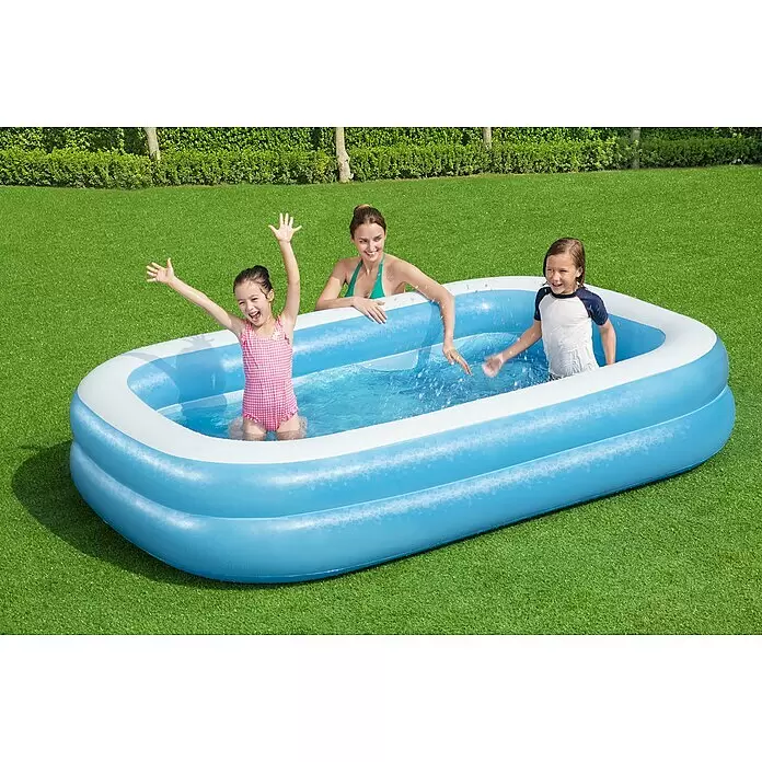 Bestway Family Pool - 262 x 175 x 51 cm, 778 l, Blau/Weiß - Blau-weißes aufblasbares rechteckiges Planschbecken, das eine Familie genießt.