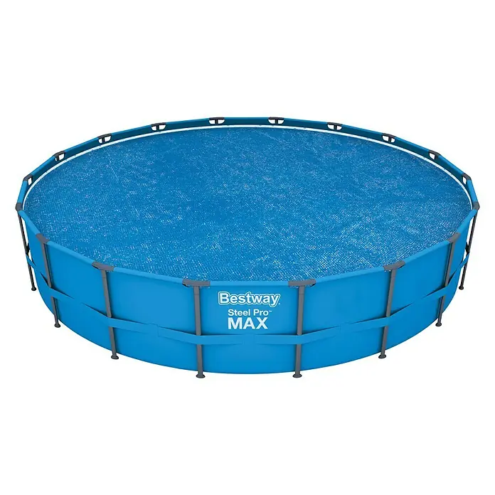 Bestway Solarabdeckplane - Durchmesser: 527 cm, Blau - Ein oberirdischer Bestway Steel Pro MAX Pool mit blauem Poolliner und Stahlrahmen, der Stabilität und Langlebigkeit für sommerlichen Badespaß bietet.