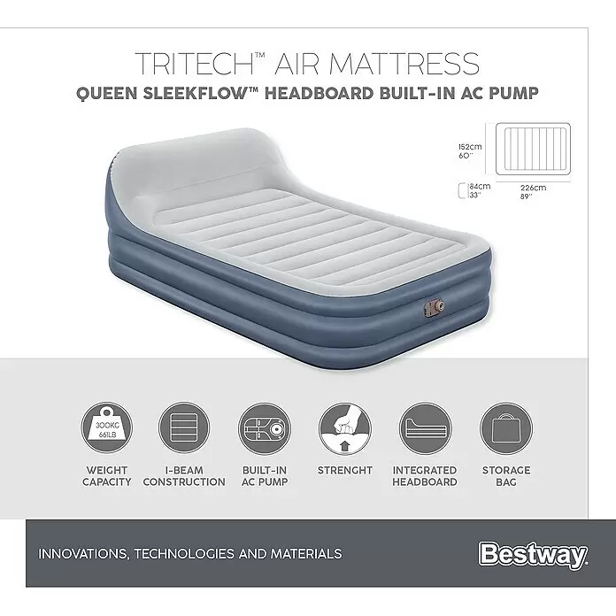 Bestway Luftbett SleekFlow - L x B x H: 226 x 152 x 84 cm, Integrierte Luftpumpe - Blau-weißes Queen-Luftbett mit integriertem Kopfteil, eingebauter Wechselstrompumpe, I-Beam-Konstruktion und hoher Tragfähigkeit.
