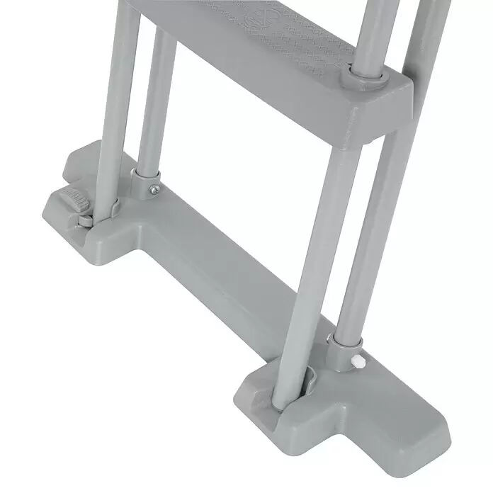 Bestway Flowclear Poolleiter - Passend für: Pools bis 107 cm Höhe, Stahl - Graue Kunststoff-Leiterbasis mit Stützstangen und strukturierter Stufe.