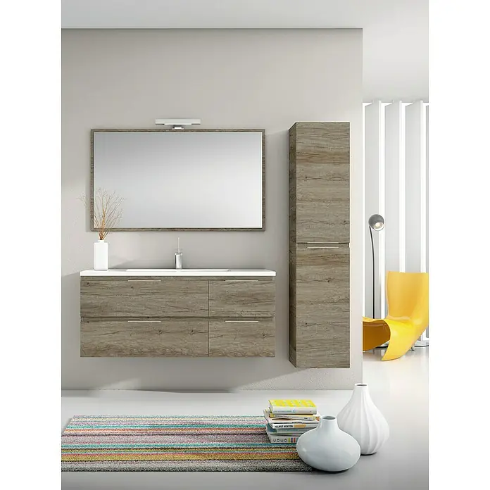 Armario colgante de baño Sheyla - L x An x Al: 25 x 35 x 160 cm, Nebraska gris - La imagen muestra un moderno tocador de baño con espejo a juego y un armario alto con acabado de madera, para un ambiente elegante.