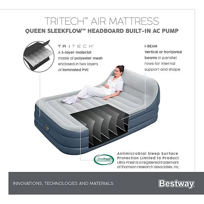 Bestway Luftbett SleekFlow - L x B x H: 226 x 152 x 84 cm, Integrierte Luftpumpe - Blau-graue aufblasbare Luftmatratze mit Kopfteil, mit Tritech-Material und I-Träger-Konstruktion, mit einer Person.