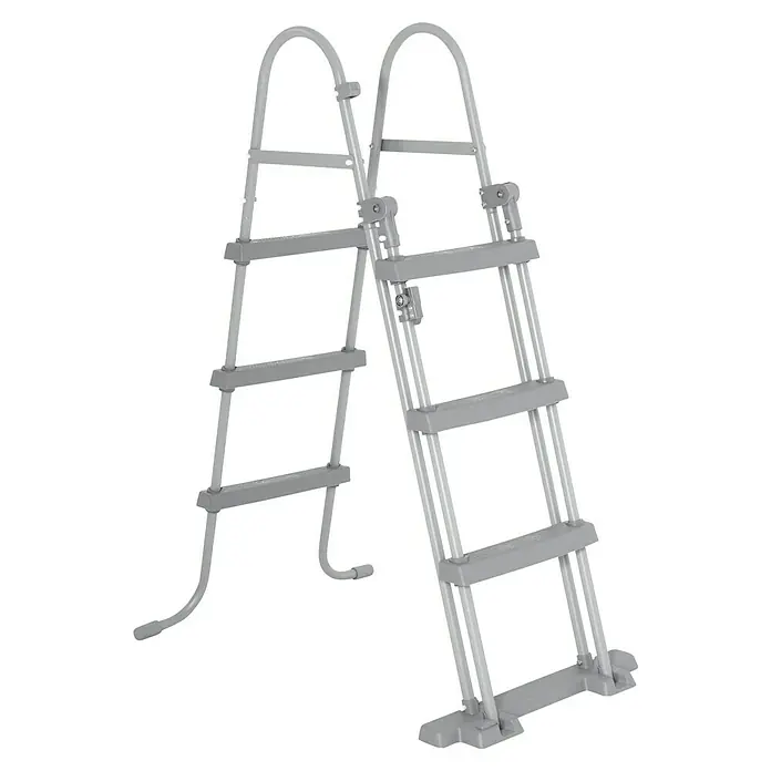 Bestway Flowclear Poolleiter - Passend für: Pools bis 107 cm Höhe, Stahl - Eine graue Poolleiter mit vier Stufen und einer gebogenen Oberseite, die den Einstieg ins Schwimmbecken erleichtert.