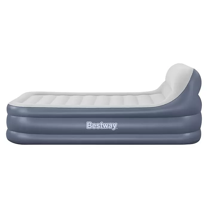 Bestway Luftbett SleekFlow - L x B x H: 226 x 152 x 84 cm, Integrierte Luftpumpe - Graues aufblasbares Luftbett mit weißer Liegefläche und integriertem Kopfteil.
