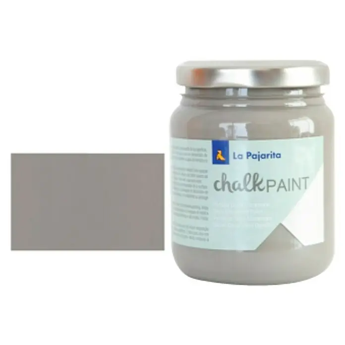La Pajarita Pintura de tiza Chalk Paint - Vintage, 175 ml, Mate - Pintura de tiza gris La Pajarita en un tarro de cristal junto a una muestra de color.