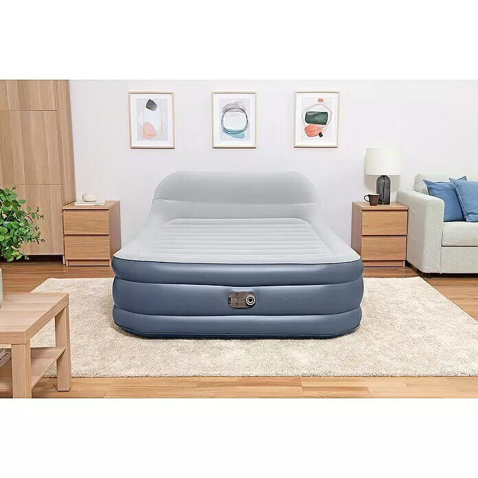Bestway Luftbett SleekFlow - L x B x H: 226 x 152 x 84 cm, Integrierte Luftpumpe - Ein hohes, grau-weißes aufblasbares Luftbett mit integriertem Kopfteil und Pumpe.