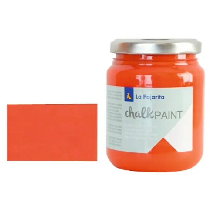 La Pajarita Pintura de tiza Chalk Paint - Naranja Nepal, 175 ml, Mate - Un tarro de pintura a la tiza La Pajarita en un tono naranja brillante, junto a una muestra de color en el mismo tono. Ideal para proyectos DIY.