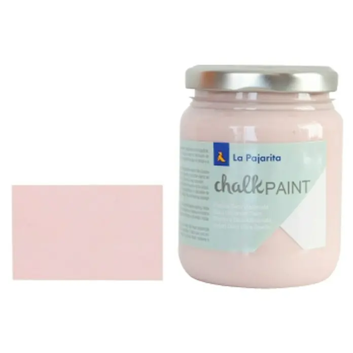 La Pajarita Pintura de tiza Chalk Paint - Rosa Capricho, 175 ml, Mate - Un tarro de pintura a la tiza de La Pajarita en un suave tono rosa, junto a una muestra de color que demuestra el tono del producto.