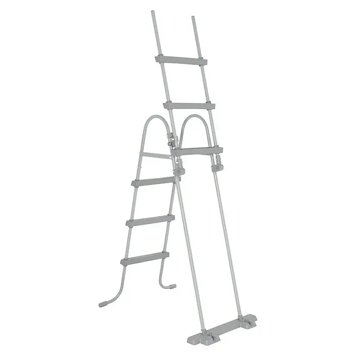 Bestway Flowclear Poolleiter - Passend für: Pools bis 107 cm Höhe, Stahl - Eine graue Schwimmbadleiter ist in einer Studioaufnahme vor einem schwarzen Hintergrund zu sehen. Die Leiter ist für den sicheren Ein- und Ausstieg konzipiert.