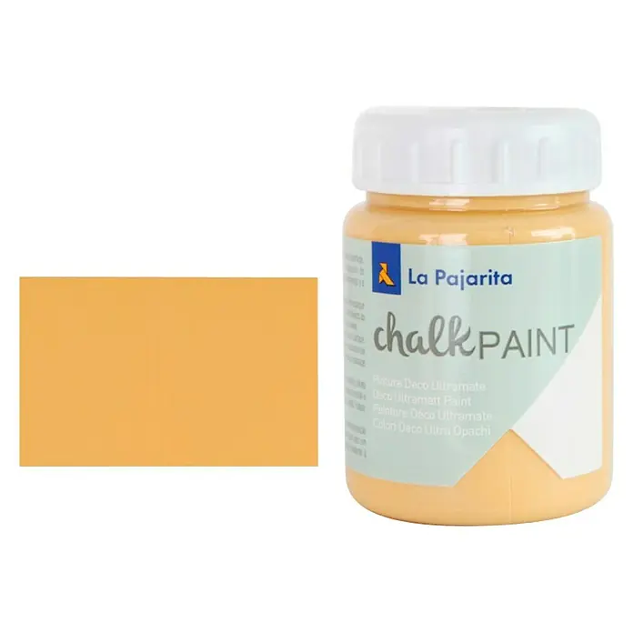 La Pajarita Pintura de tiza Chalk Paint - Ocre Sahara, 75 ml, Mate - Un bote de pintura de tiza La Pajarita en un vibrante tono de amarillo, ideal para proyectos DIY y diseño de muebles.