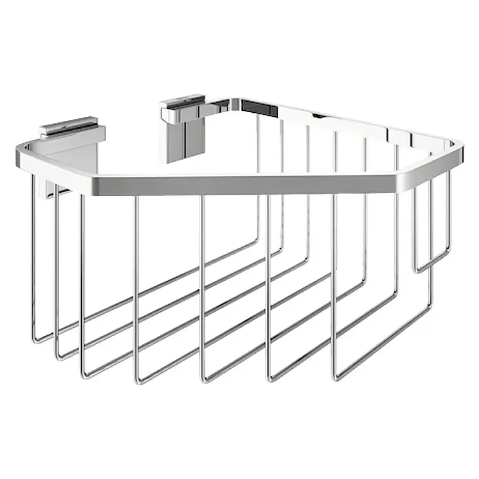 Roca Cesta de baño angular Rubik - 18,7 x 17,5 x 11,4 cm, Cromo - Imagen de una estantería esquinera de ducha de metal cromado. La estantería presenta un diseño moderno con barras verticales y horizontales.