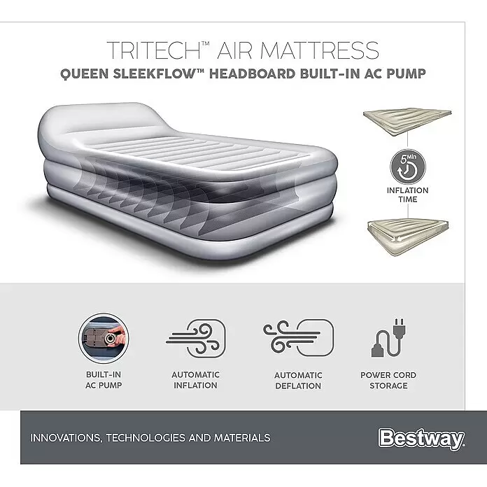 Bestway Luftbett SleekFlow - L x B x H: 226 x 152 x 84 cm, Integrierte Luftpumpe - Weißes Bestway Tritech Queen Luftbett mit Sleekflow-Kopfteil, integrierter AC-Pumpe, Auto-Inflation/-Deflation.