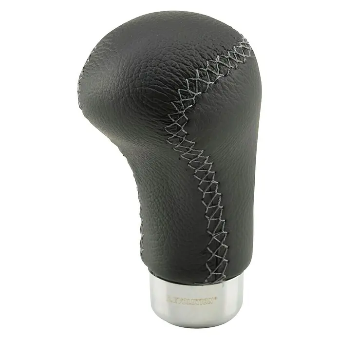 Pomo para el cambio Sirio - Coches, Gris - Pomo de cambio de marchas de cuero negro con base plateada y costuras decorativas para una mejora interior elegante.