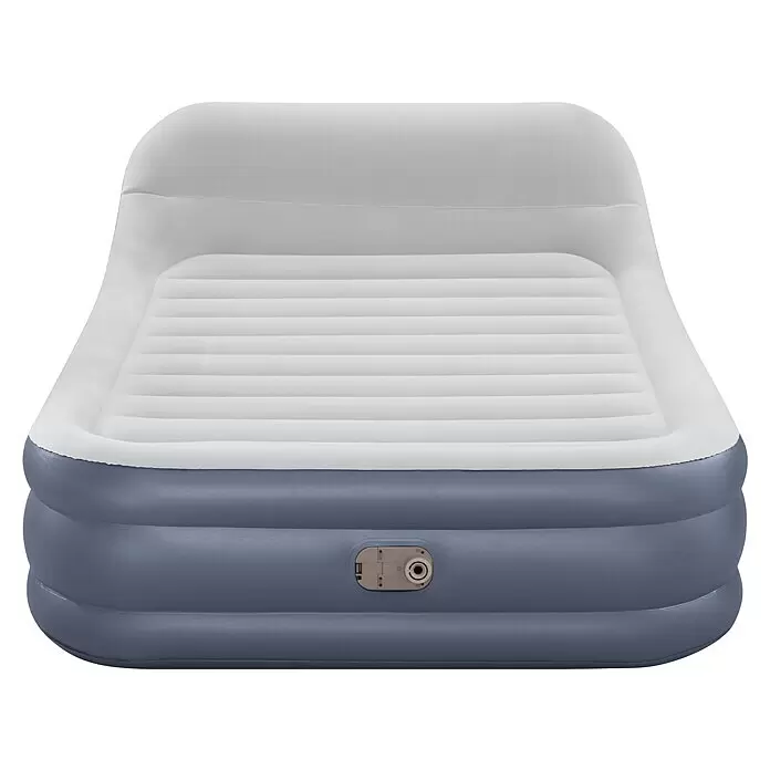 Bestway Luftbett SleekFlow - L x B x H: 226 x 152 x 84 cm, Integrierte Luftpumpe - Eine aufblasbare Luftmatratze mit grauem Unterteil, weißer Beflockungsoberseite, integrierter Pumpe und erhöhtem Kopfteil.