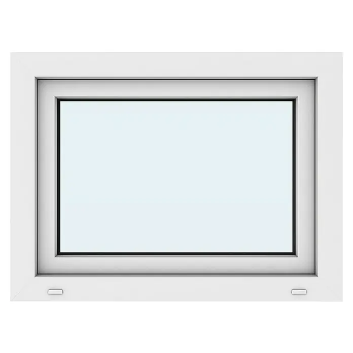 Solid Elements Kunststofffenster New Basic - 80 x 60 cm, Verglasung: 3-fach, DIN Anschlag: Rechts, Weiß - Nahaufnahme eines weißen Fensters. Das Fenster hat einen schlichten, modernen Rahmen und eine klare Glasscheibe.