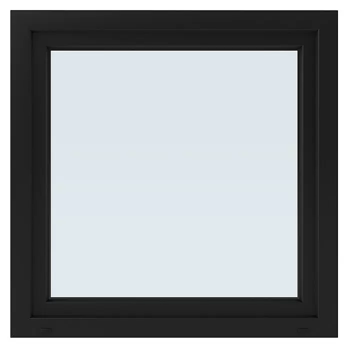 Solid Elements Kunststofffenster Basic - 100 x 100 cm, Verglasung: 3-fach, DIN Anschlag: Links, Außen: Anthrazit Sandstruktur, Innen: Weiß - Quadratischer schwarzer Fensterrahmen mit Klarglas.