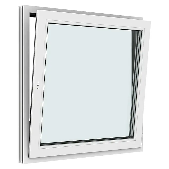 Solid Elements Kunststofffenster New Basic - 100 x 100 cm, Verglasung: 3-fach, DIN Anschlag: Rechts, Weiß - Ein weißes Dreh-Kipp-Fenster mit Rahmen und Fensterflügel, leicht geöffnet, vor einem schwarzen Hintergrund.