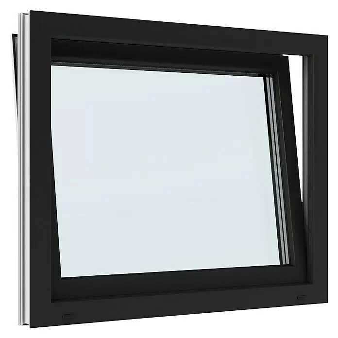 Solid Elements Kunststofffenster Basic - 100 x 80 cm, Verglasung: 3-fach, DIN Anschlag: Rechts, Außen: Anthrazit Sandstruktur, Innen: Weiß - Schwarzes Kippfenster, leicht geöffnet.