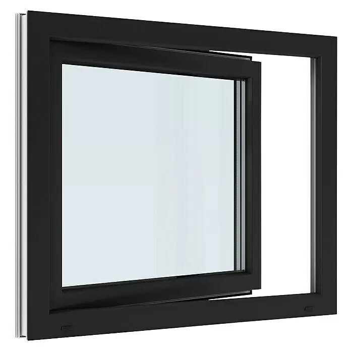 Solid Elements Kunststofffenster Basic - 100 x 80 cm, Verglasung: 3-fach, DIN Anschlag: Rechts, Außen: Anthrazit Sandstruktur, Innen: Weiß - Schwarzes Fenster mit teilweise geöffnetem Drehflügel.