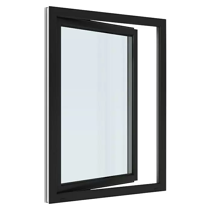 Solid Elements Kunststofffenster Basic - 105 x 135 cm, Verglasung: 3-fach, DIN Anschlag: Rechts, Außen: Anthrazit Sandstruktur, Innen: Weiß - Schwarzes Dreh-Kipp-Fenster, teilweise geöffnet.
