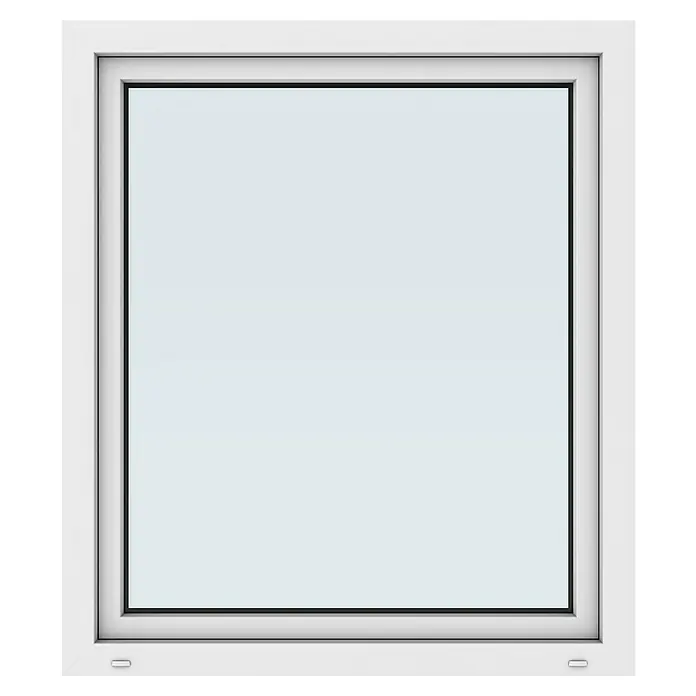 Solid Elements Kunststofffenster New Basic - 105 x 120 cm, Verglasung: 3-fach, DIN Anschlag: Links, Weiß - Nahaufnahme eines weißen, quadratischen Fensters mit klarem Glas, das einen hellen, gleichmäßigen Hintergrund zeigt.