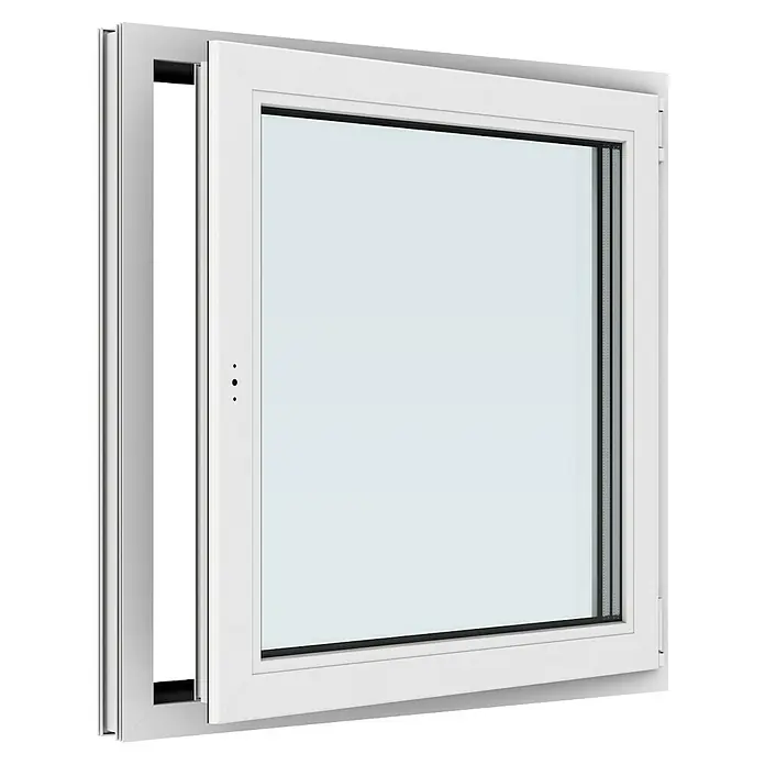 Solid Elements Kunststofffenster New Basic - 90 x 90 cm, Verglasung: 3-fach, DIN Anschlag: Rechts, Weiß - Nahaufnahme eines weißen Schiebefensters mit Doppelverglasung, teilweise geöffnet, wodurch die schwarze Innenseite sichtbar wird.