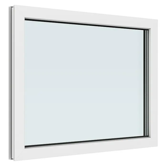 Solid Elements Kunststofffenster New Basic Festverglasung - 100 x 80 cm, Verglasung: 3-fach, Weiß - Ein modernes Fenster mit einem eleganten, weißen Rahmen, das viel natürliches Licht hereinlässt und eine klare Sicht nach außen bietet.