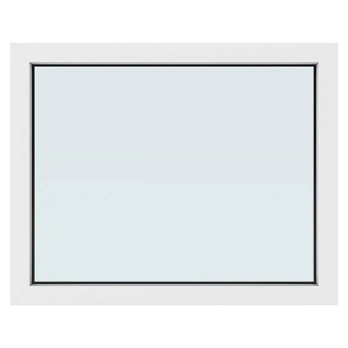 Solid Elements Kunststofffenster New Basic Festverglasung - 100 x 80 cm, Verglasung: 3-fach, Weiß - Ein weißes, rechteckiges Fenster mit einem schmalen, schwarzen Rahmen bietet eine klare Sicht. Das Fensterdesign ist schlicht und modern.