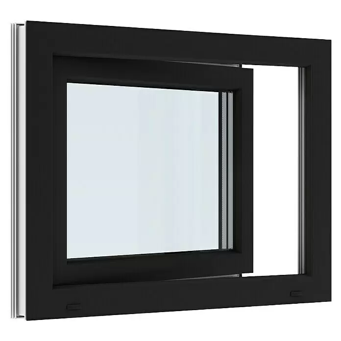 Solid Elements Kunststofffenster Basic - 80 x 60 cm, Verglasung: 3-fach, DIN Anschlag: Rechts, Außen: Anthrazit Sandstruktur, Innen: Weiß - Teilweise geöffnetes schwarzgerahmtes Fenster mit Klarglas.
