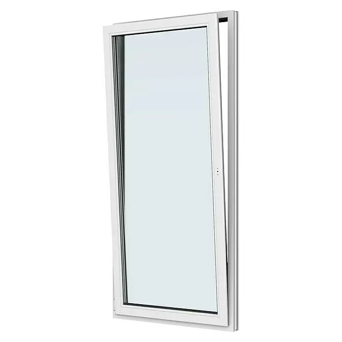 Solid Elements Balkontür New Basic - 100 x 210 cm, Verglasung: 3-fach, DIN Anschlag: Links, Weiß - Weißes Dreh-Kipp-Fenster, leicht geöffnet, um den Öffnungsmechanismus zu zeigen.