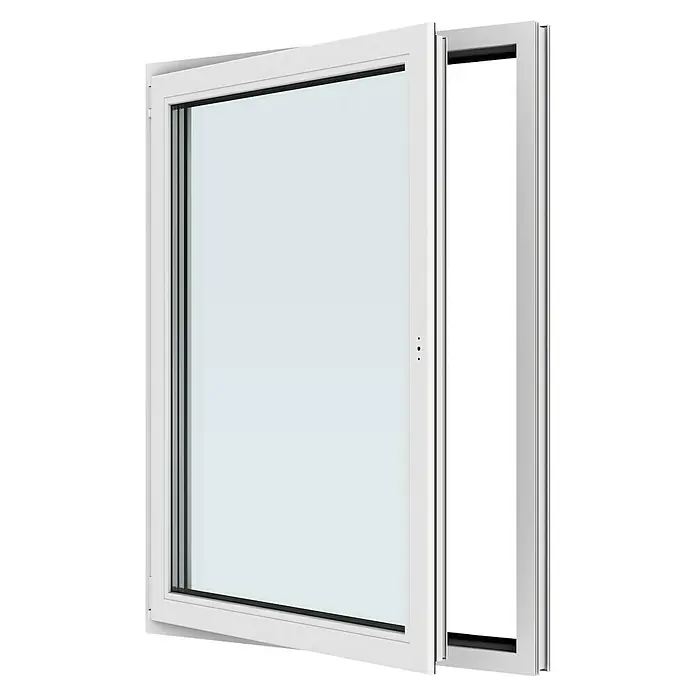 Solid Elements Kunststofffenster New Basic - 105 x 135 cm, Verglasung: 3-fach, DIN Anschlag: Links, Weiß - Fensteransicht mit einem weißen Rahmen, der teilweise geöffnet ist und einen Einblick nach draußen ermöglicht.\n
