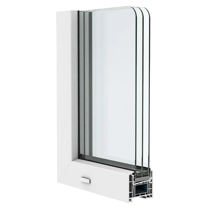 Solid Elements Kunststofffenster New Basic Festverglasung - 100 x 100 cm, Verglasung: 3-fach, Weiß - Querschnitt eines weißen Fensters mit Dreifachverglasung, das die interne Konstruktion und Isolierung für Energieeffizienz zeigt.