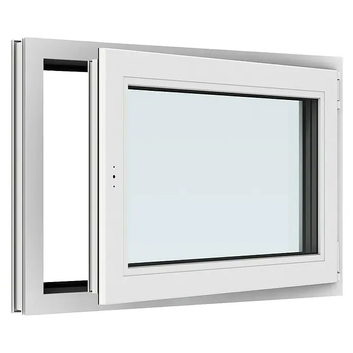 Solid Elements Kunststofffenster New Basic - 90 x 60 cm, Verglasung: 3-fach, DIN Anschlag: Rechts, Weiß - Eine weiße Schiebefenster-Einheit mit einem Rahmen, teilweise geöffnet, mit Blick auf das Glas und das Design.