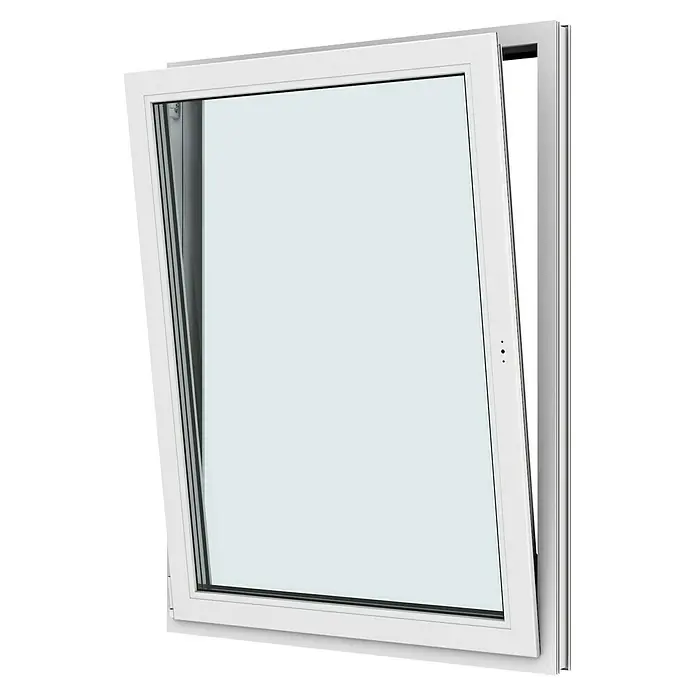 Solid Elements Kunststofffenster New Basic - 105 x 135 cm, Verglasung: 3-fach, DIN Anschlag: Links, Weiß - Ein Kippfenster mit weißem Rahmen und klarem Glas, leicht geöffnet, das die Mechanik und das Design des Fensters hervorhebt.