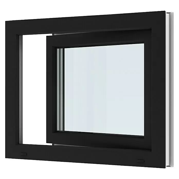 Solid Elements Kunststofffenster Basic - 80 x 60 cm, Verglasung: 3-fach, DIN Anschlag: Links, Außen: Anthrazit Sandstruktur, Innen: Weiß - Schwarzes Dreh-Kipp-Fenster mit Klarglas, teilweise geöffnet.
