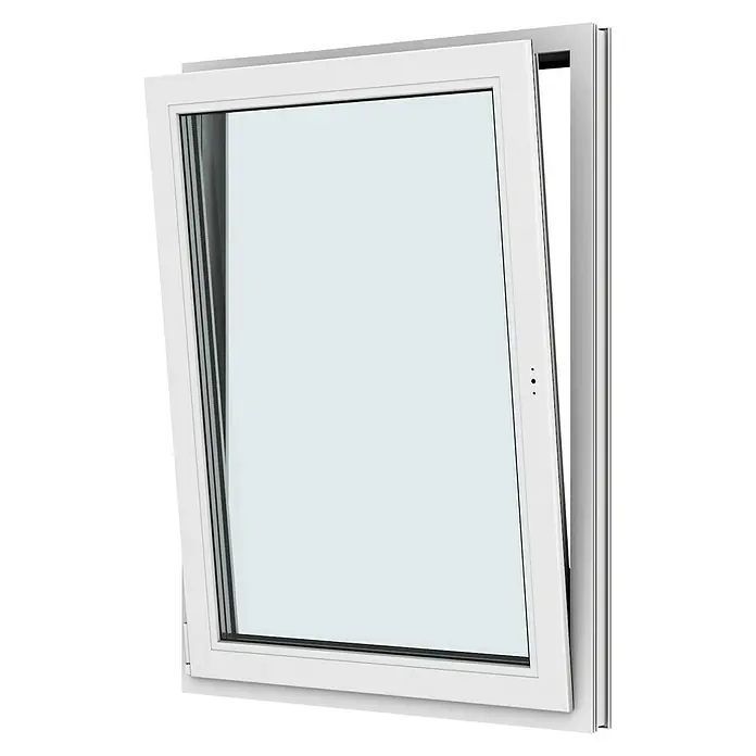 Solid Elements Kunststofffenster New Basic - 90 x 120 cm, Verglasung: 3-fach, DIN Anschlag: Links, Weiß - Ein modernes, weißes Dreh-Kipp-Fenster, das teilweise geöffnet ist, um die Funktionalität und das Design hervorzuheben.
