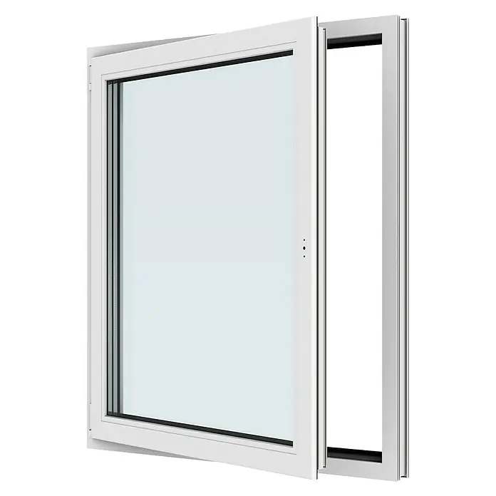 Solid Elements Kunststofffenster New Basic - 105 x 120 cm, Verglasung: 3-fach, DIN Anschlag: Links, Weiß - Fenster mit weißem Rahmen, das zur Seite geschoben werden kann, um frische Luft hereinzulassen. Das Design ist modern und minimalistisch.
