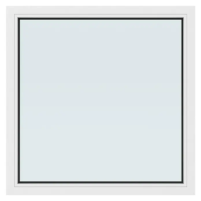 Solid Elements Kunststofffenster New Basic Festverglasung - 100 x 100 cm, Verglasung: 3-fach, Weiß - Nahaufnahme eines quadratischen Fensters mit weißem Rahmen und schwarzem Akzent.