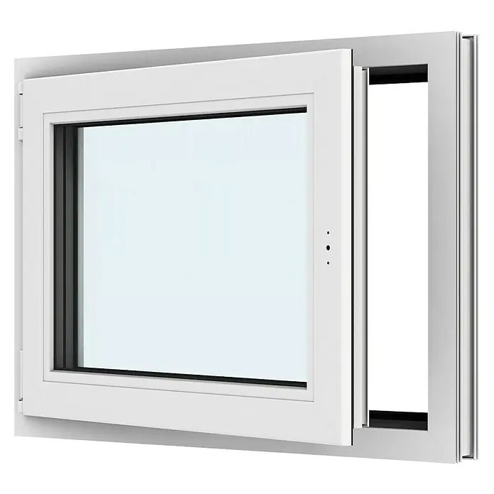 Solid Elements Kunststofffenster New Basic - 80 x 60 cm, Verglasung: 3-fach, DIN Anschlag: Links, Weiß - Nahaufnahme eines weißen Schiebefensters, das einen klaren Blick nach draußen ermöglicht. Ideal für modernes Wohnen.