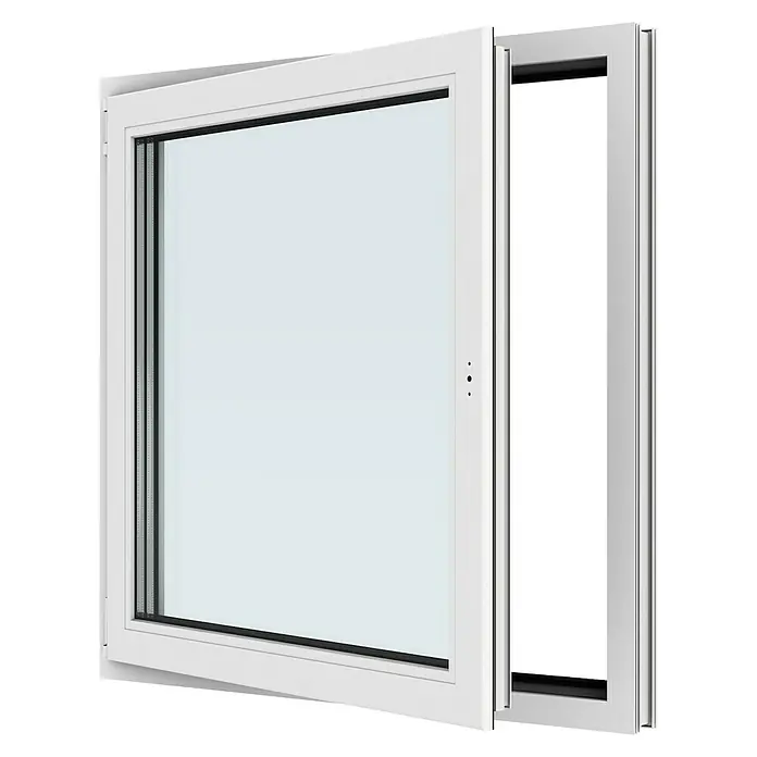 Solid Elements Kunststofffenster New Basic - 100 x 100 cm, Verglasung: 3-fach, DIN Anschlag: Links, Weiß - Weißes Drehkippfenster mit schwarzem Rahmen und geöffneter Position für eine optimale Raumbelüftung und modernes Design.