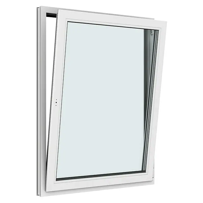 Solid Elements Kunststofffenster New Basic - 105 x 135 cm, Verglasung: 3-fach, DIN Anschlag: Rechts, Weiß - Modernes, weißes Dreh-Kipp-Fenster mit klarem Glas, teilweise geöffnet, für gute Belüftung und Tageslicht im Raum.